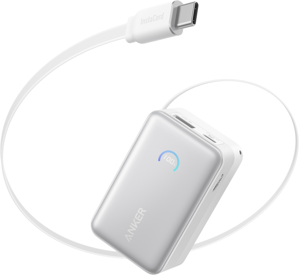 Anker Nano Powerbank 10000 mAh, 45W med inbyggd USB-C Kabel Vit