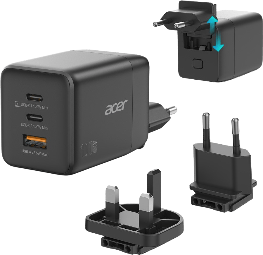 Acer GaN-laddare 100W Svart ink kabel och reseplug