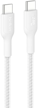 Belkin Nylonflätad Snabbladdningskabel USB-C till C, 240W 1M Vit