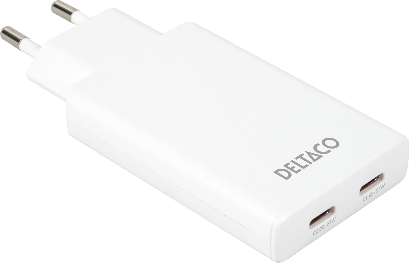 DELTACO Väggladdare 2 x USB-C 67W Slim Vit