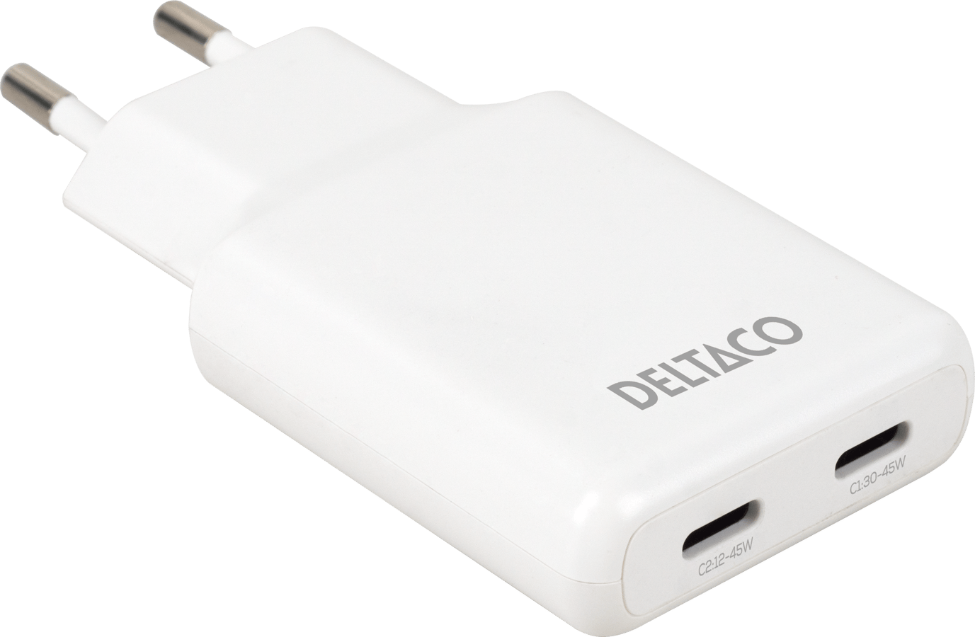 DELTACO Väggladdare 2 x USB-C 45W Slim Vit