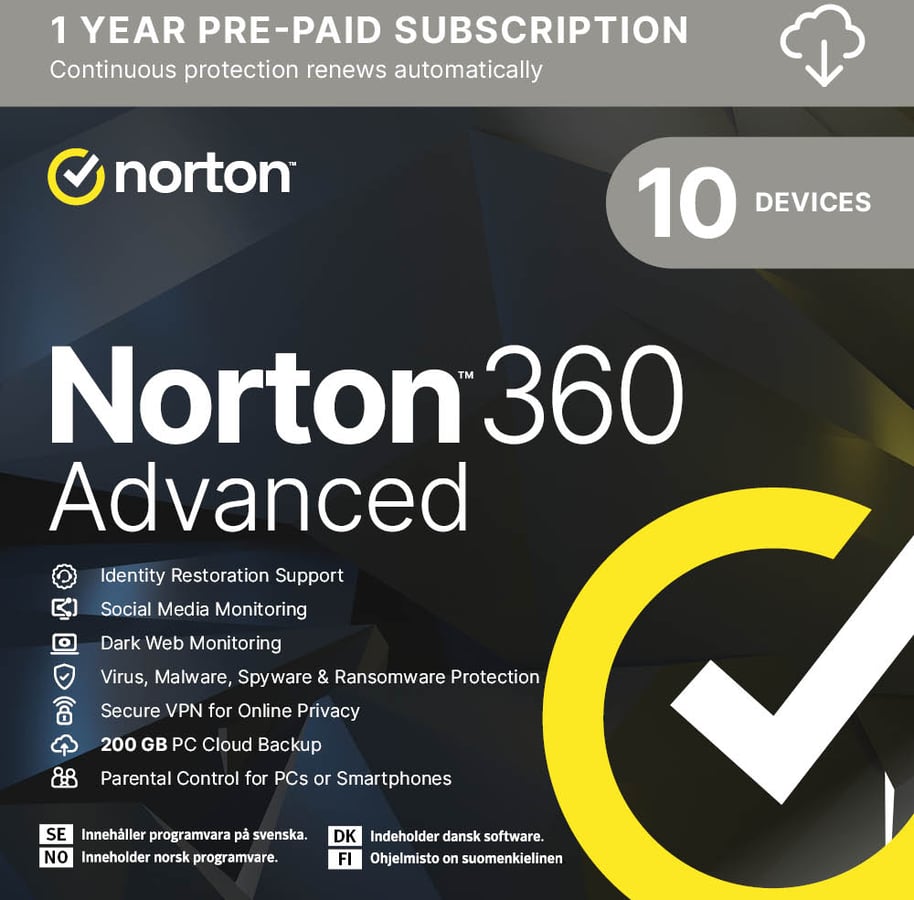 Norton 360 Advanced 200GB 10 enheter 12 månader