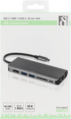 DELTACO USB-C Dockningsstation 6 portar 60 W Grå