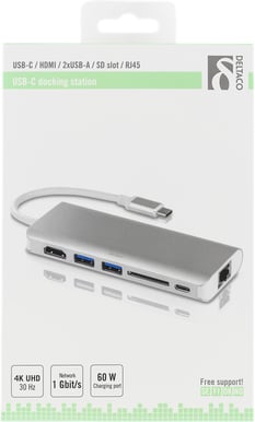 DELTACO USB-C Dockningsstation 6 portar 60W Silver