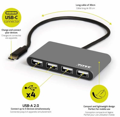PORT Designs USB-C-adapter 2.0 4 portar Svart