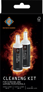 DELTACO Gaming Rengöringskit för skärmar och tillbehör, 2x 100ml, 2x mikrofiberdukar