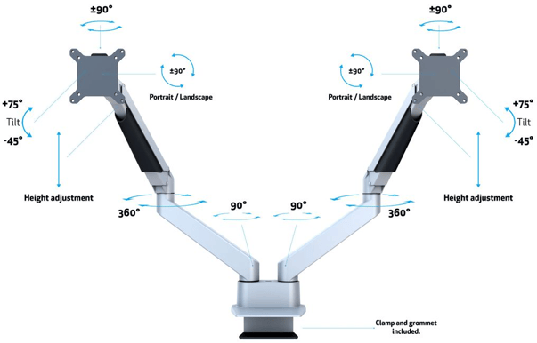 M VESA Gas Lift Arm Dual Side by Side Silver