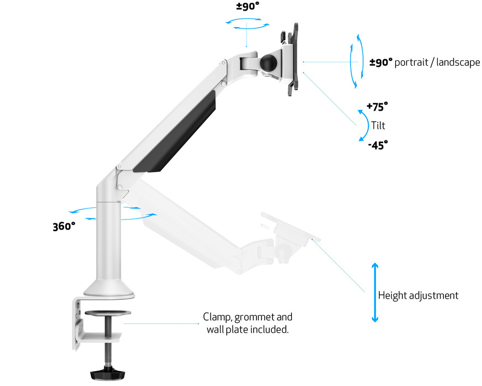 M VESA Gas Lift Arm Desk eller Wall Basic Vit