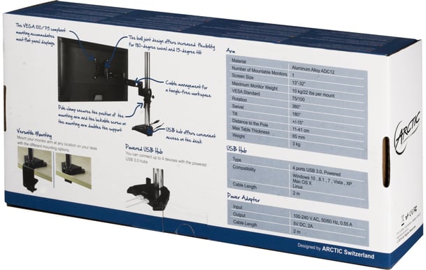 Arctic Z1 Pro Monitor Arm med USB-hubb i foten
