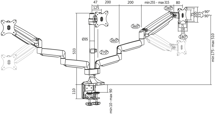 LogiLink Ledad monitorarm gas 13-32" trippel aluminium