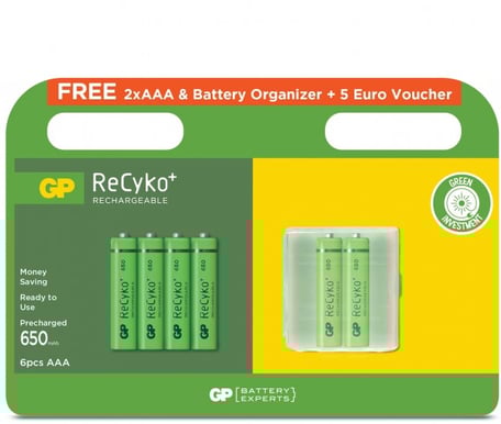 GP ReCyko NiMH AAA-batterier 4+2 med battery organizer