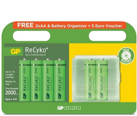 GP ReCyko NiMH AA-batterier 4+2 med battery organizer