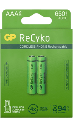 GP ReCyko NiMH AAA-batterier 650 mAh (R6) 2-P