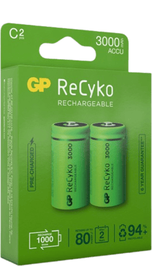GP ReCyko NiMH C-batterier 3000 mAh (LR14) 2-P