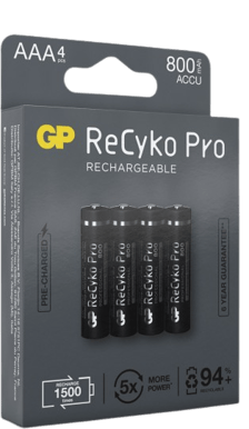 GP ReCyko Pro NiMH AAA-batterier 800 mAh (R03) 4-P