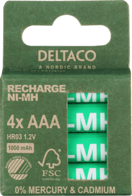 DELTACO laddbara AAA-batterier, 1000mAh, Svanenmärkt, 4-pack