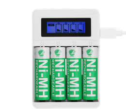 DELTACO USB batteriladdare för 4xAA/AAA Ni-MH/Ni-Cd batterier, inkluderar 4x AA batterier, vit