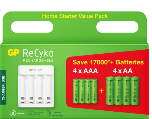 GP ReCyko Starter Kit E411, inkl. 4st AA 2100mAh + 4st AAA 850mAh NiMH-batterier