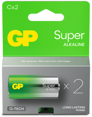 GP Super Alkaline Battery, Size C, 14A/LR14, 1.5V, 2-pack