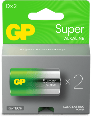 GP Super Alkaline Battery, Size D, 13A/LR20, 1.5V, 2-pack
