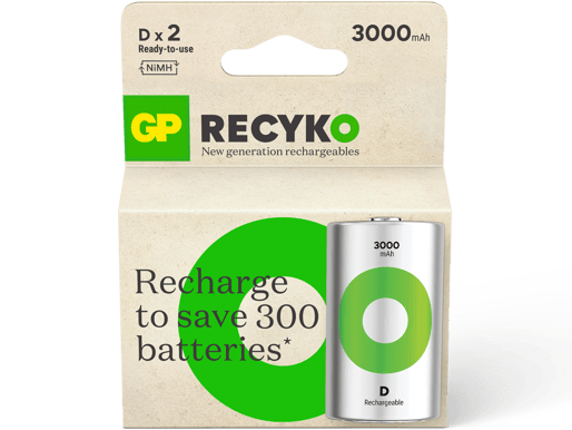 GP ReCyko Rechargeable Battery, Size D, 3000 mAh, 2-pack