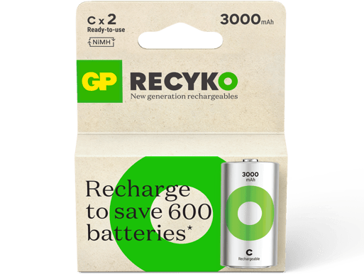 GP ReCyko Rechargeable Battery, Size C, 3000 mAh, 2-pack