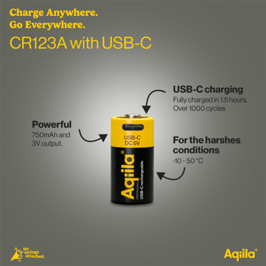 Aqiila USB-C Rechargeable Battery, CR123A, 750 mAh, 2-pack
