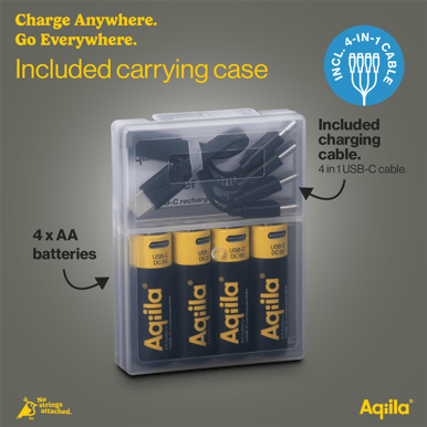 Aqiila USB-C Rechargeable Battery, AA, 2000 mAh, 4-pack