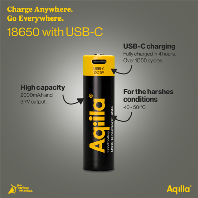 Aqiila USB-C Rechargeable Battery, 18650, 2000 mAh, 1-pack