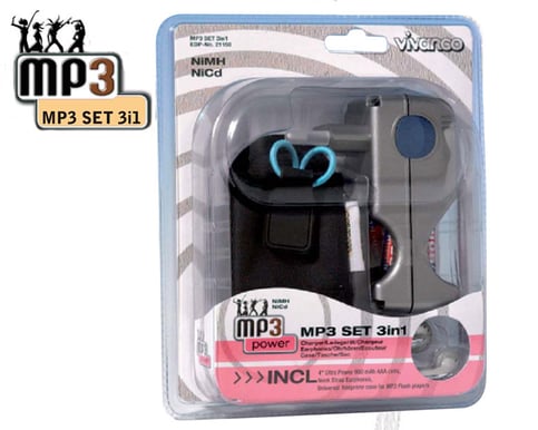 MP3-kit Hörlur, väska, 4x AAA batterier & laddare
