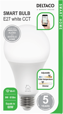 DELTACO LED-lampa E27 E27 WiFI 9W dimbar