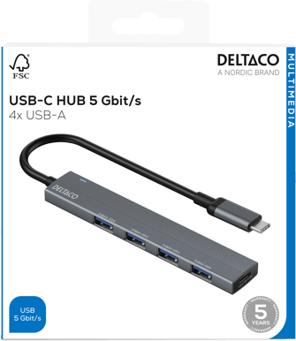 DELTACO USB-C hub 4x USB-A Grå