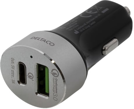 DELTACO Billaddare med USB-C & USB-A med Quick Charge 3.0