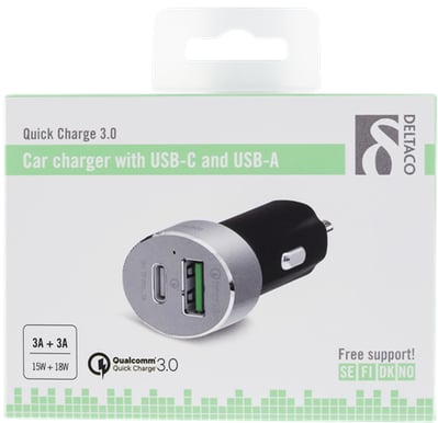 DELTACO Billaddare med USB-C & USB-A med Quick Charge 3.0