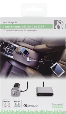 Deltaco Billaddare med USB-C, 2st USB-A & 1st USB-A med Quick Charge 3.0