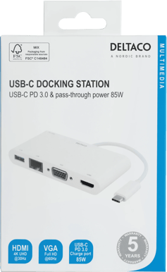 DELTACO USB-C Dockningsstation 4 portar 85W Vit