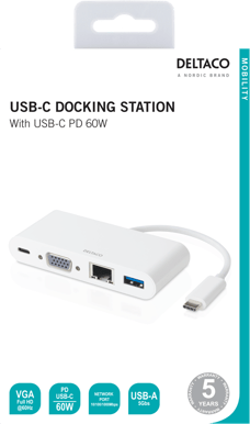 DELTACO USB-C Dockningsstation 4 portar 60 W Vit