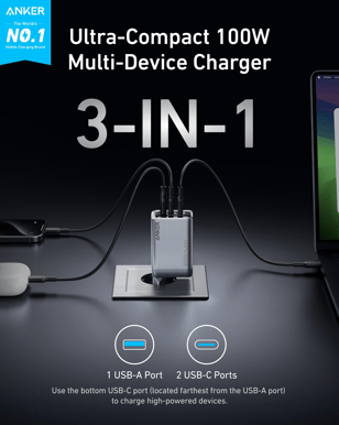 Anker Prime 100W GaN Väggladdare 3 portar