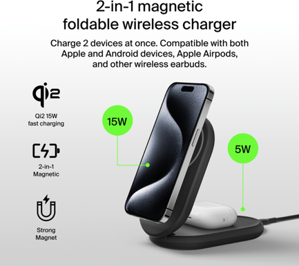 Belkin Qi2 2-in-1 Magnetisk Trådlös laddare 15 W Svart