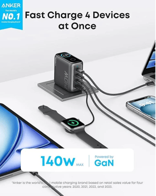 Anker 140W 4-ports GaN-laddare inklusive 240W USB-C kabel 1.5m Mörkgrå