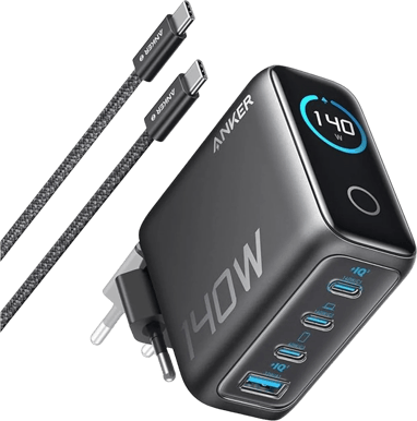 Anker 140W 4-ports GaN-laddare inklusive 240W USB-C kabel 1.5m Mörkgrå