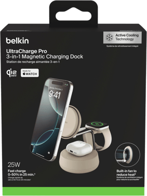 Belkin UltraCharge Pro 3-i-1 Magnetisk Laddningsstation med Qi2 25W - Sand
