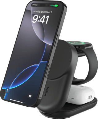 Belkin UltraCharge 3-i-1 hopfällbar magnetisk laddare med Qi2 25W - Svart