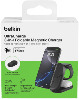 Belkin UltraCharge 3-i-1 hopfällbar magnetisk laddare med Qi2 25W - Svart