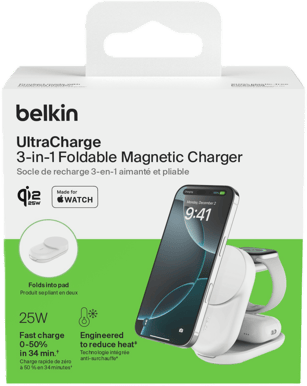 Belkin UltraCharge 3-i-1 hopfällbar magnetisk laddare med Qi2 25W - Vit