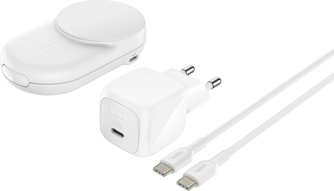 Belkin UltraCharge 2-i-1 hopfällbar magnetisk laddare med Qi2 25W - Vit