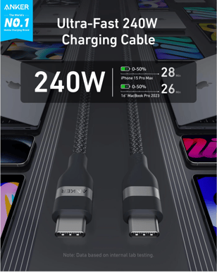 Anker Nano USB-C to C 3m, 240W Svart