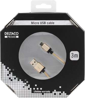 DELTACO Micro-USB-kabel Guld Tygsladd 3m