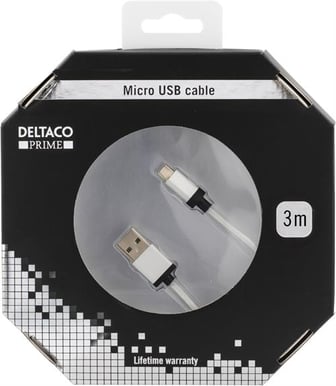 Deltaco Micro-USB-kabel Silver Tygsladd 3m