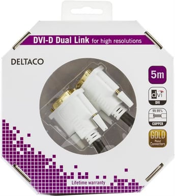 DELTACO DVI monitorkabel DVI-D ha-ha Vit 5 m